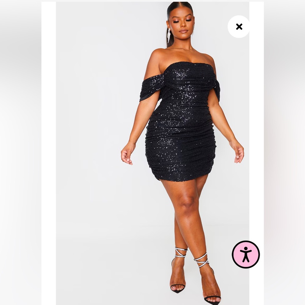 NWT PrettyLittleThing Elegant Black Sequin Off-Shoulder Dress - Size 18